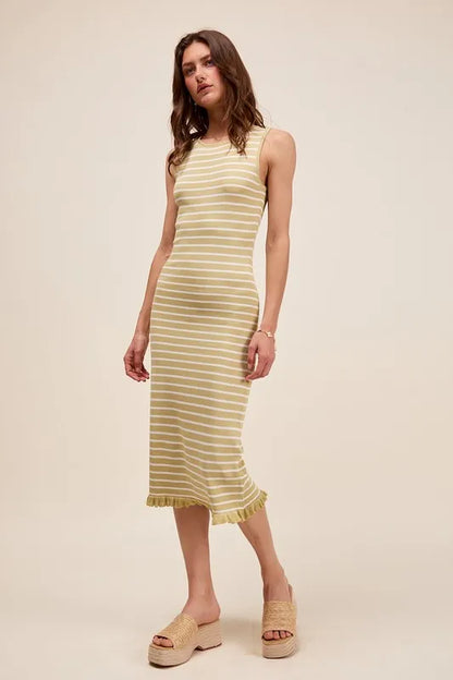 Stripe Sleeveless Sweater Knit Maxi Dress With Ruffled Hem - Sage/Off White - product view 3