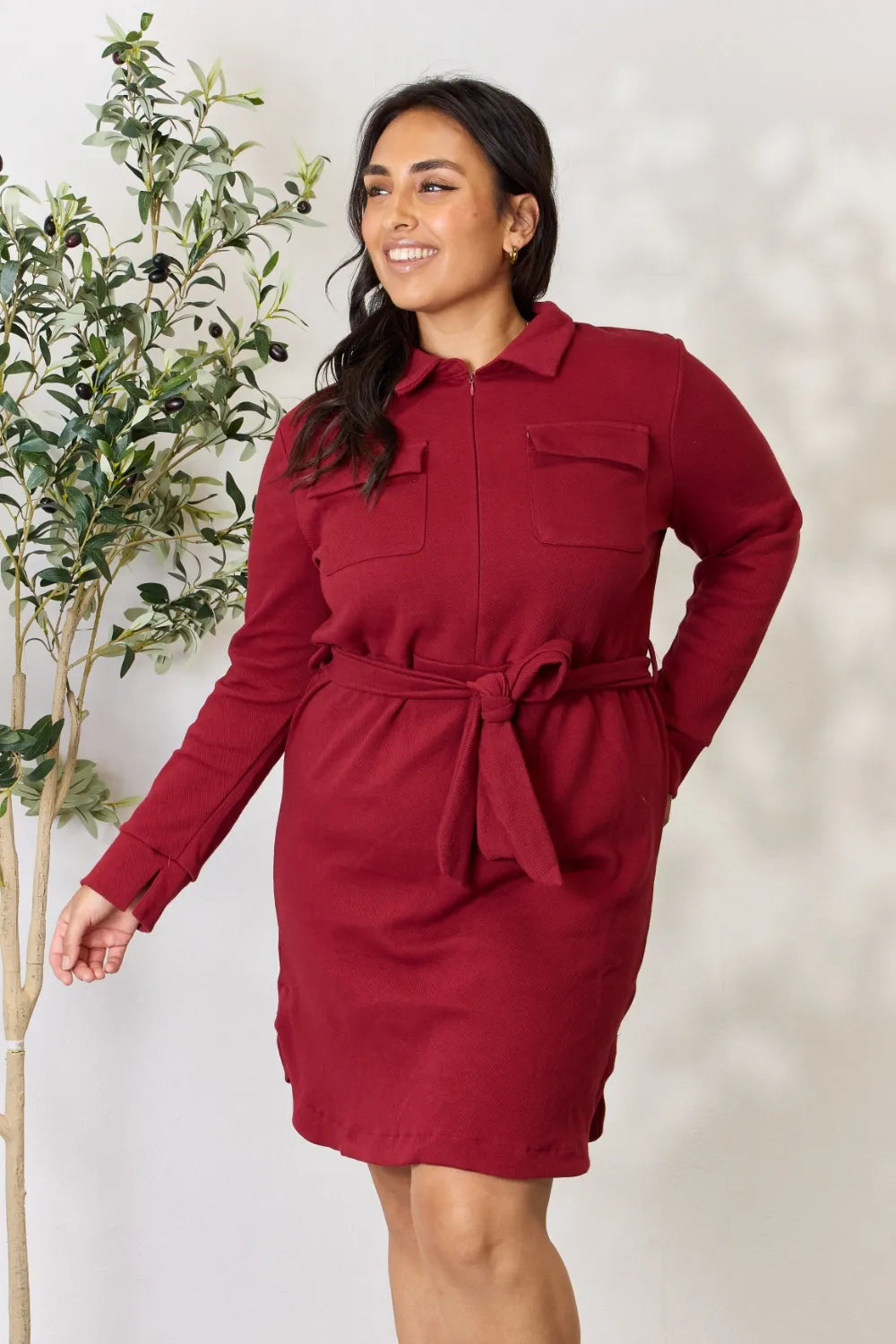 Full Size Tie Front Half Zip Long Sleeve Shirt Dress in Burgundy - product view 3