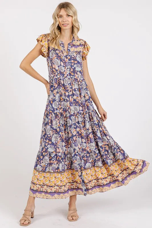 Floral Ruffled Notched Cap Sleeve Maxi Dress in Peacock Blue - product view 1
