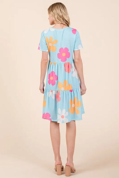 Floral Round Neck Short Sleeve Tiered Dress - Pastel Blue - product view 5