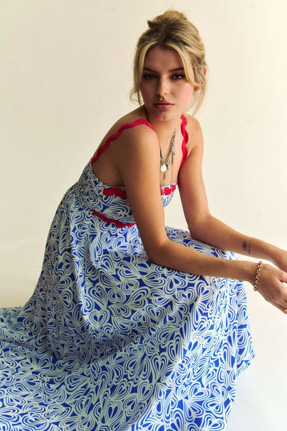 Geo 2 Tone Printed Wavi Trim Tiered Maxi Dress - Cobalt - product view 5