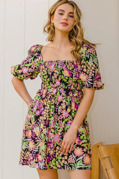 Full Size Floral Tie-Back Mini Dress in Black Multi - product view 3