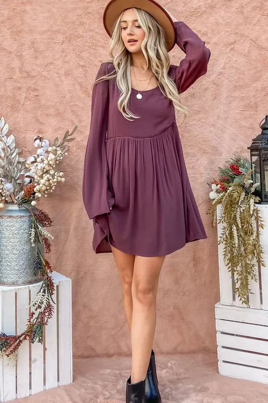 Back Lace Button Down Detail Bell Sleeve Dress in Purple - product view 8