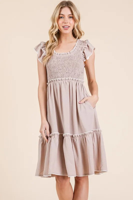 Ruffle Trim Smocked Dress with Contrast in Taupe - product view 5
