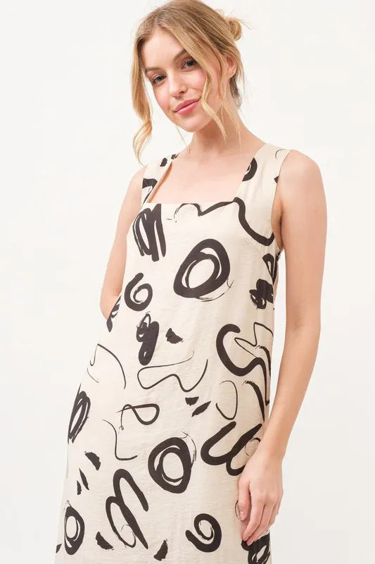 Square Neck Abstract Printed Maxi Dress in Beige - product view 6