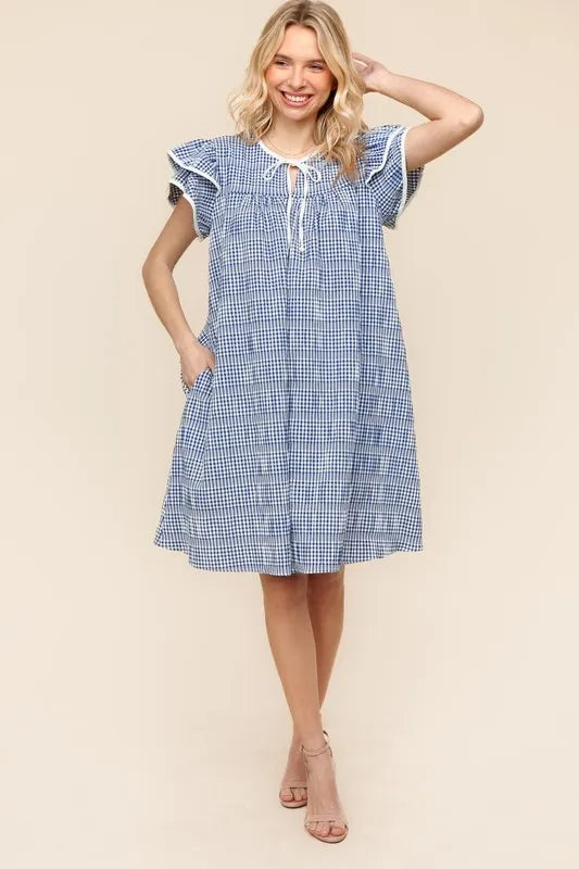Double Ruffle Sleeve Dress with Side Pockets in Navy - product view 4