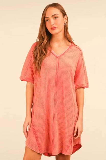 Plus Size Mineral Washed Ribbed Knit Mini Dress - Coral - product view 1