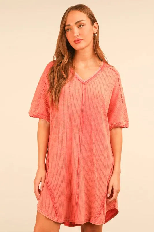 Plus Size Mineral Washed Ribbed Knit Mini Dress - Coral - product view 1
