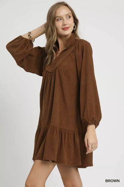 Corduroy Tiered Babydoll Dress in Brown - product view 3