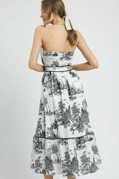 Printed Tiered Tube Midi Dress in Black - product view 4