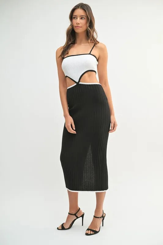 Ribbed Knit Color Block Cutout Midi Dress - Black - product view 4