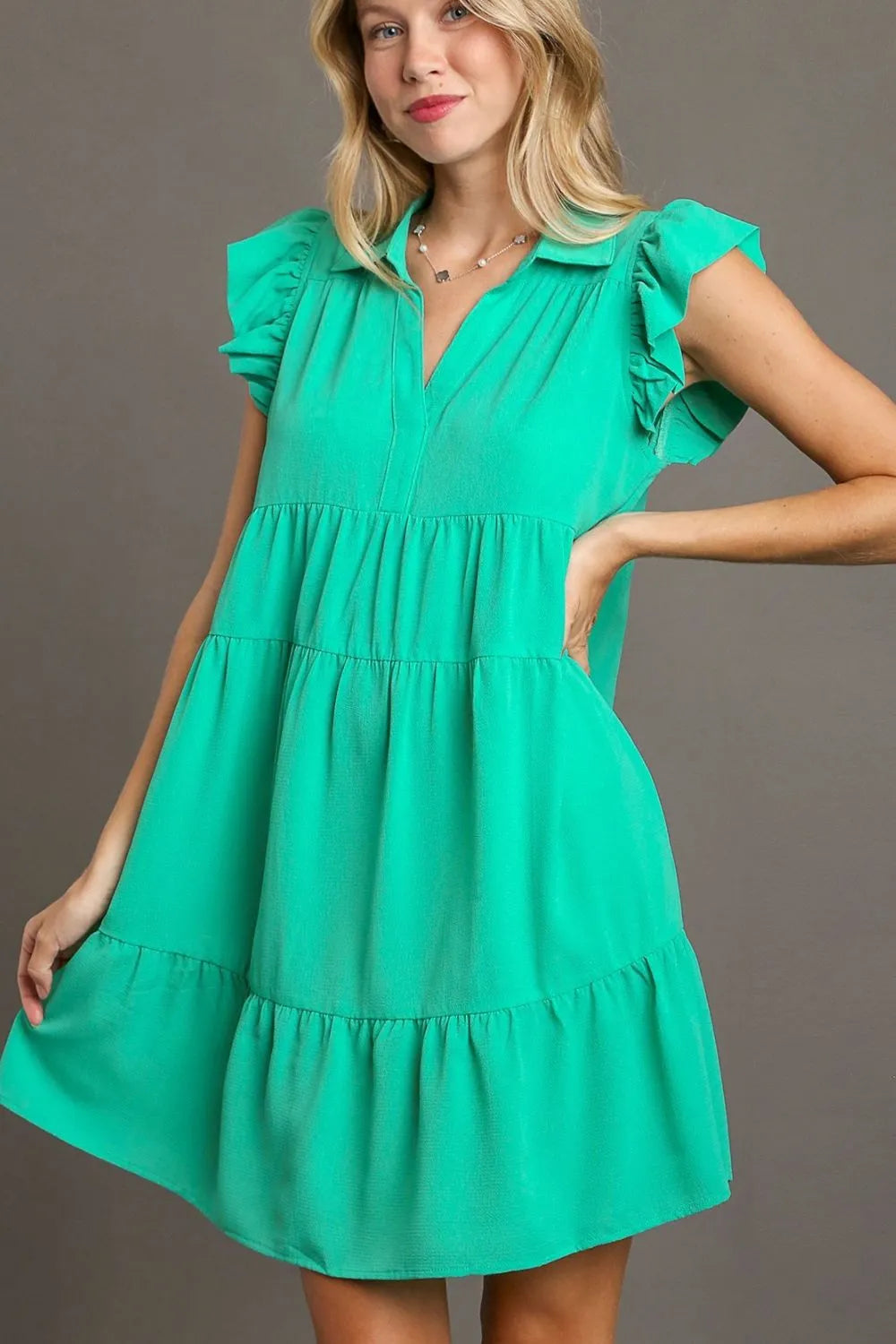 Full Size Johnny Collar Ruffle Cap Sleeve Tiered Dress Plus Size - Jade Green - product view 1