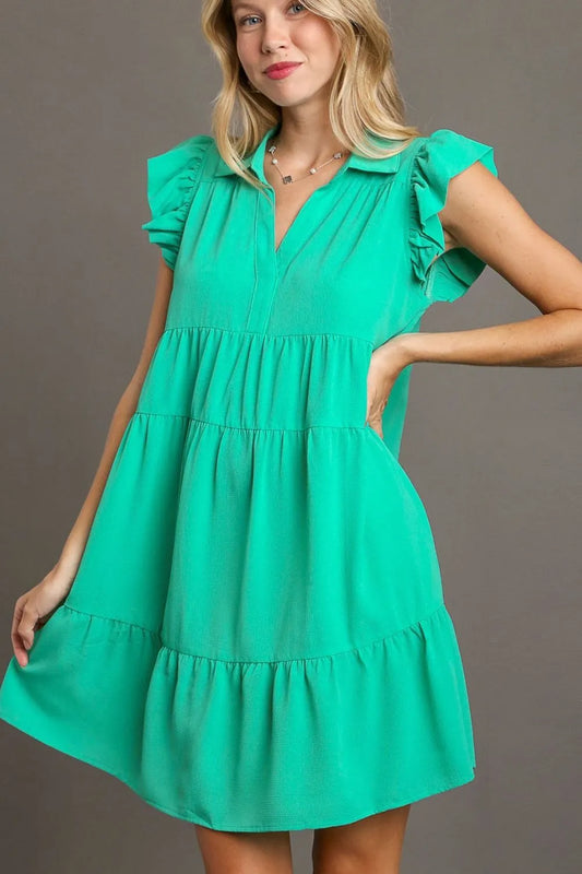 Full Size Johnny Collar Ruffle Cap Sleeve Tiered Dress Plus Size - Jade Green - product view 1