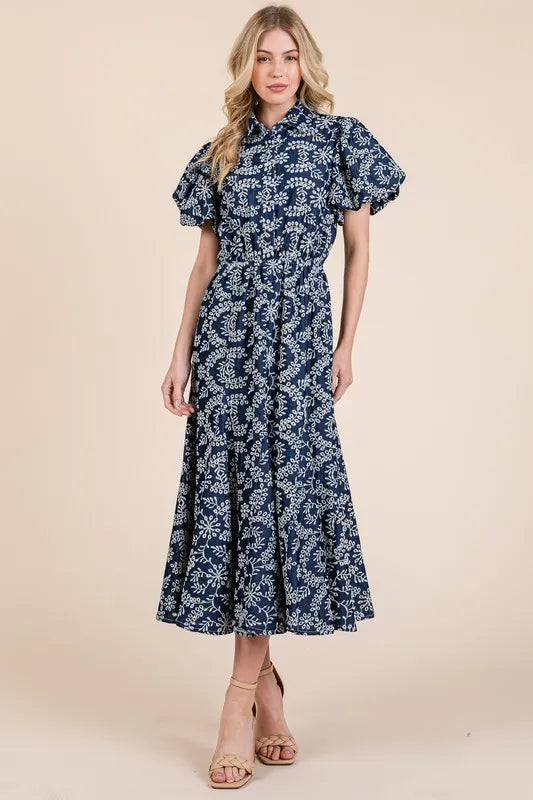 Natural Leaf Pattern Eyelet Lace Puff Sleeve Dress in Navy - product view 2