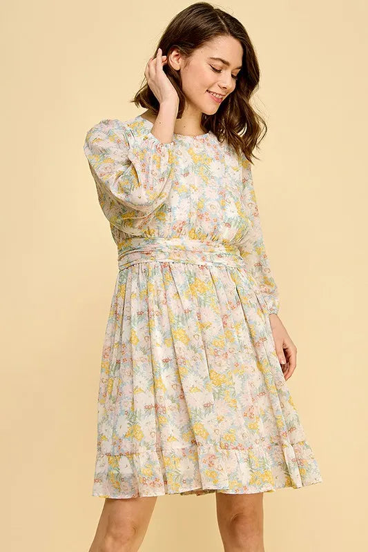 Chiffon Floral Print Belted Dress with Back Zipper - Blue Floral - product view 6