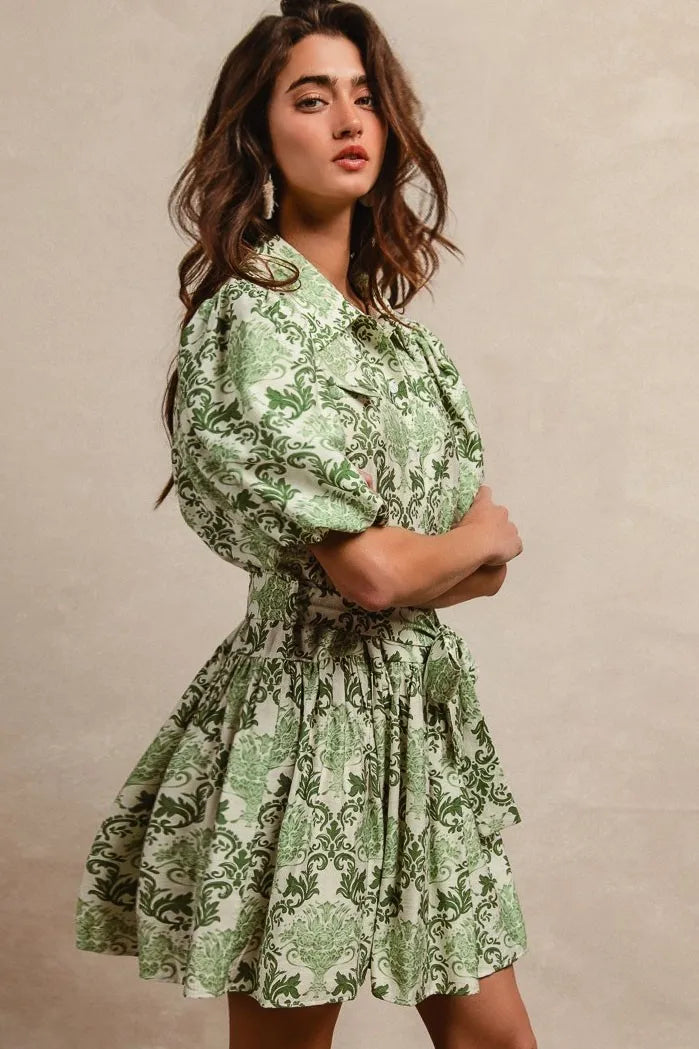 Tied Floral Short Sleeve Mini Shirt Dress in Green/Cream - product view 3
