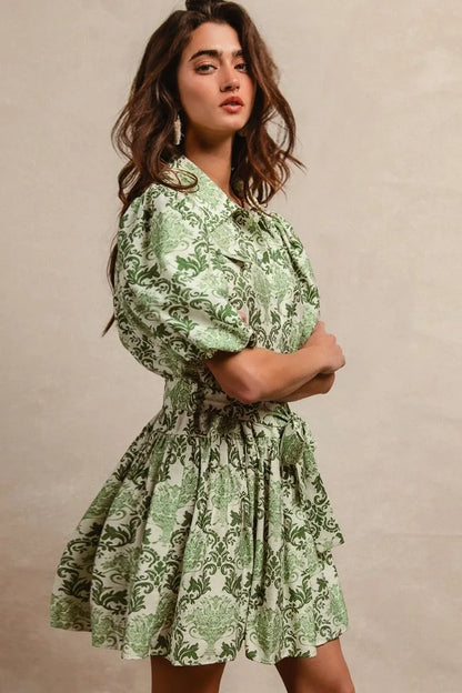 Tied Floral Short Sleeve Mini Shirt Dress in Green/Cream - product view 3