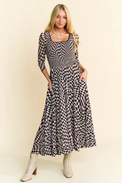 Printed Checker Mesh Flowy Maxi Dress in Black - product view 1