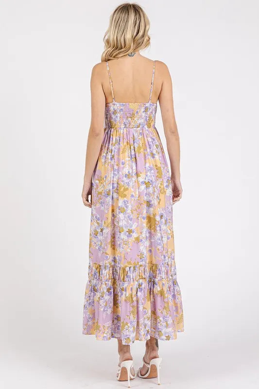 Floral Smocked Back Ruffled Hem Maxi Cami Dress in Lavender - product view 2