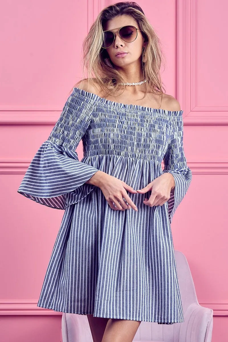 Smocked Off Shoulder Striped Dress - Denim - product view 4