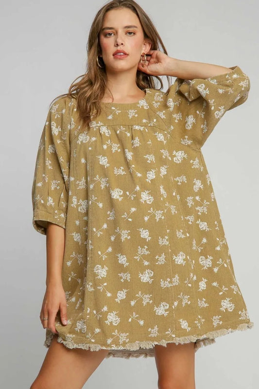 Raw Hem Floral Print Round Neck Denim Dress in Mocha - product view 1