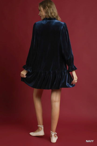 Velvet Ruffle Trim Mini Dress in Navy - product view 3