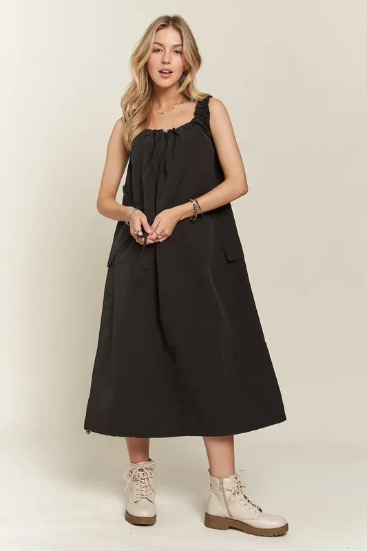 Drawstring Slit Back Cargo Dress - Black - product view 5