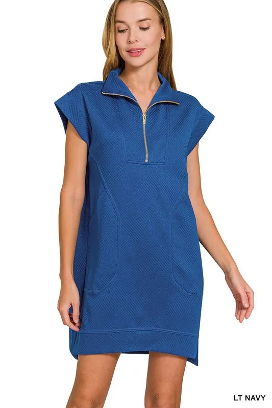 Textured Knit Jacquard Quarter Zipper Mini Dress - Lt Navy - product view 1