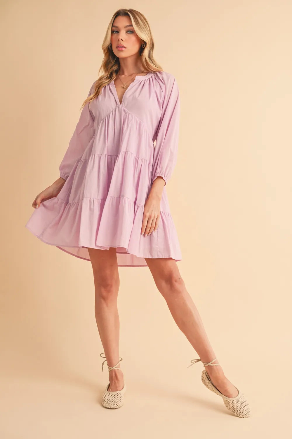 Notched Balloon Sleeve Tiered Mini Dress - Lilac - product view 9