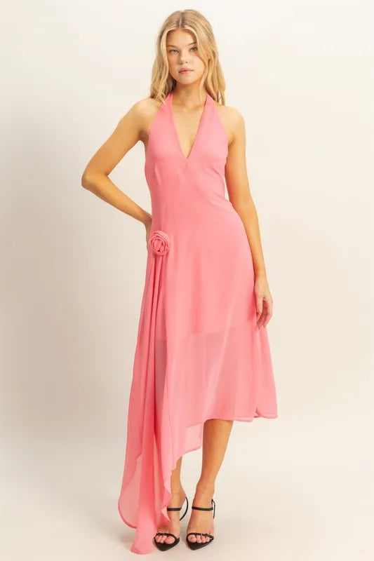 Chiffon Halter Asymmetrical Hem Dress - Rose - product view 1