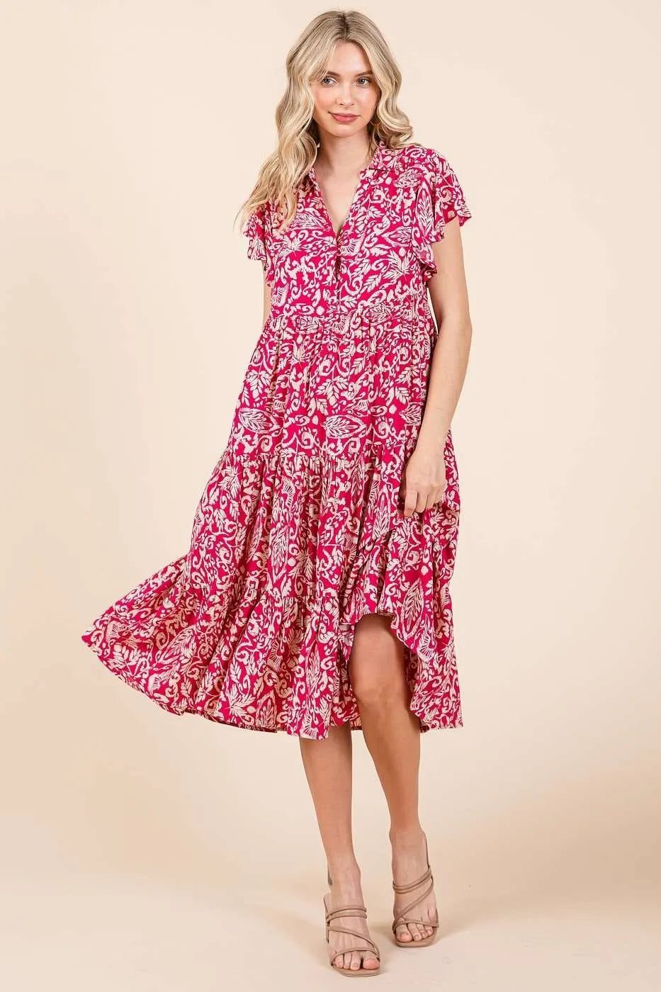 Abstract Print Ruffle Tier Midi Dress - Fuchsia - product view 4