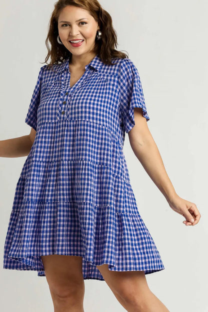 Full Size Gingham Tiered Button Detail Short Sleeve Dress Plus Size - Blue - product view 4