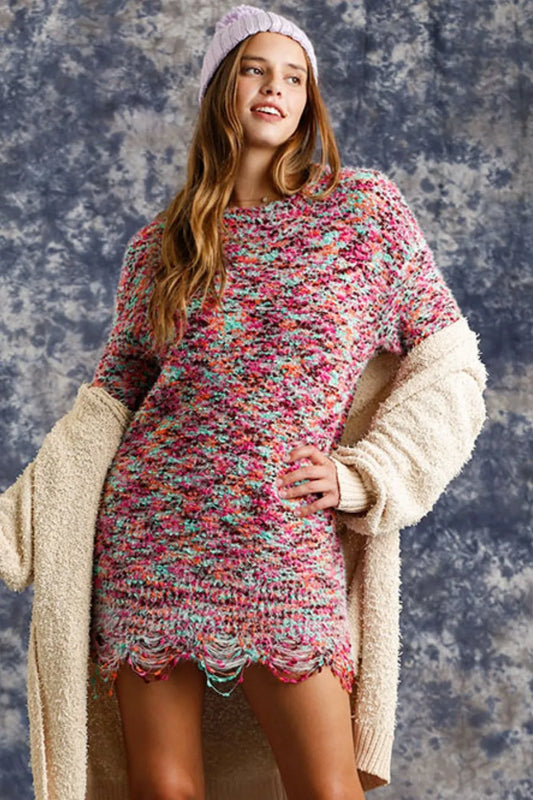 Full Size Distressed Hem Multicolored Round Neck Knit Tunic Dress Plus Size in Mint/Pink - product view 1