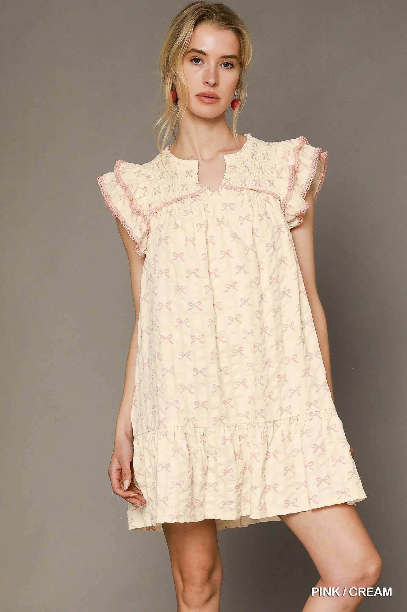 Bow Print Ruffled Cap Sleeve Mini Dress - Pink / Cream - product view 1