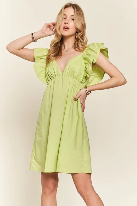 Smocked Back Ruffled Cap Sleeve Babydoll Dress in Lime - product view 4