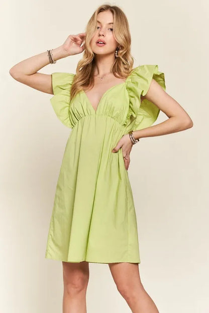 Smocked Back Ruffled Cap Sleeve Babydoll Dress in Lime - product view 4