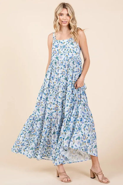 Flower Print Tiered Sleeveless Empire Maxi Dress in Sky Blue - product view 3