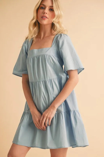 Square Neck Half Sleeve Tiered Dress - Light Blue - product view 1