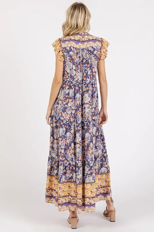 Floral Ruffled Notched Cap Sleeve Maxi Dress in Peacock Blue - product view 4