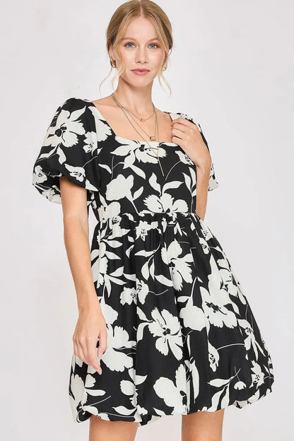 Full Size Two Tone Floral Print Babydoll Dress Plus Size in Black/White - product view 1