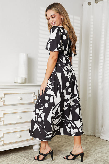 Printed Surplice Balloon Sleeve Dress in Camel and Black - product view 9