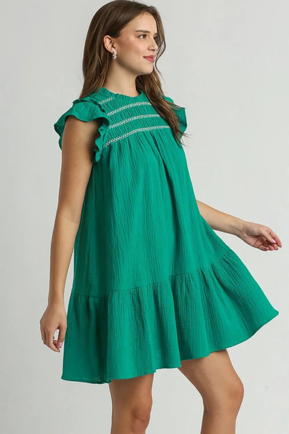Full Size Smocked Contrast Stitching Ruffle Cap Sleeve Round Neck Dress Plus Size in Jade Green - product view 3