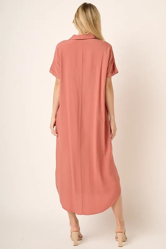 Collared Neck Dolman Short Sleeve Midi Shirt Dress in Clay - product view 2