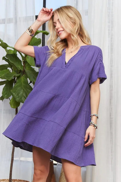 Tiered Notched Short Sleeve Dress - Purple - product view 2
