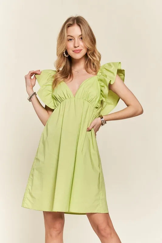 Smocked Back Ruffled Cap Sleeve Babydoll Dress in Lime - product view 3