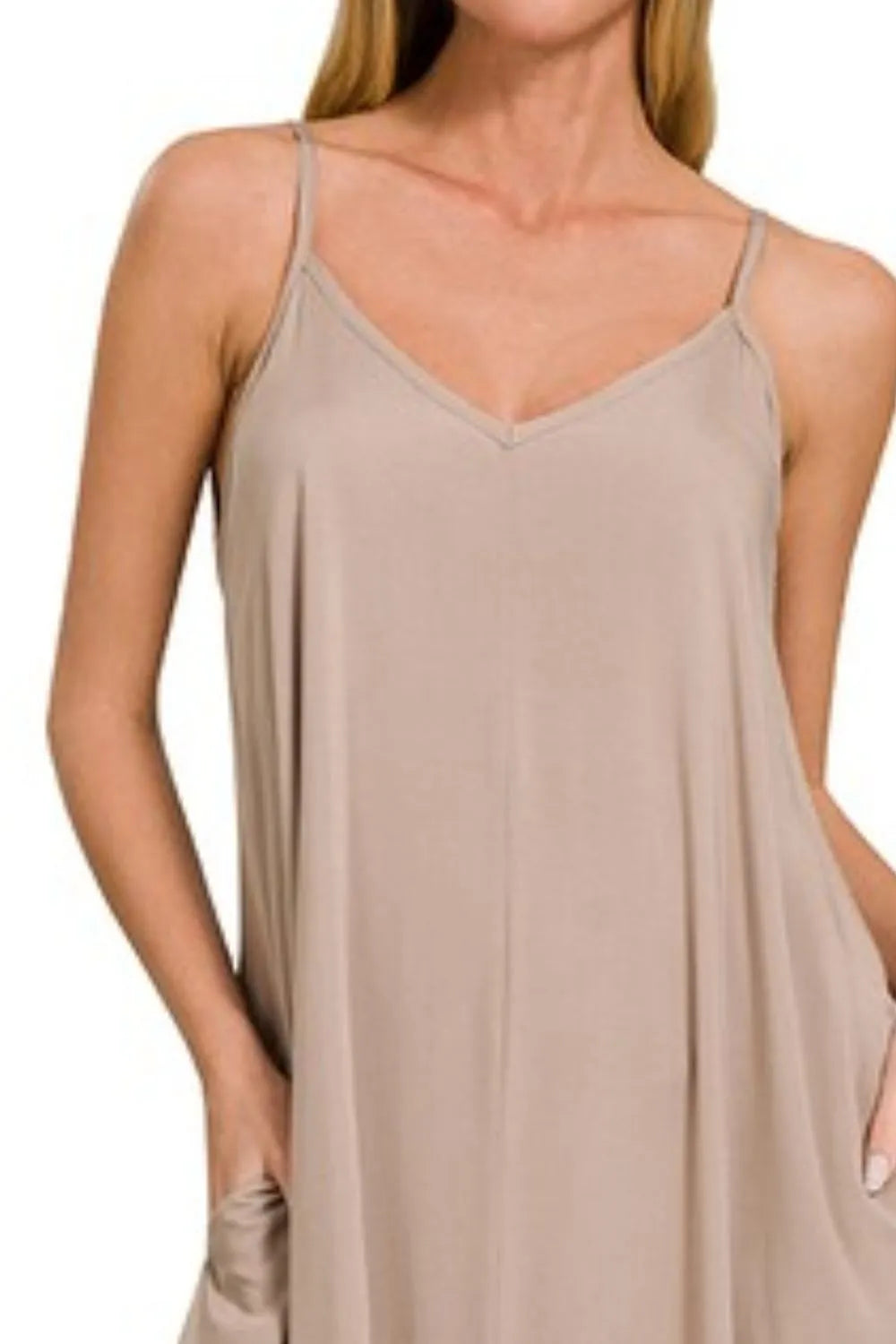 Woven Arc Hem Cami Dress With Flowy Pockets - Lt Mocha - product view 3