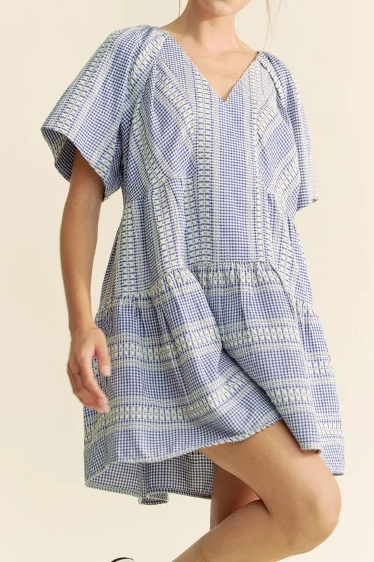 Embroidered Stripe Ruffled Gingham Mini Dress in Navy Blue - product view 3