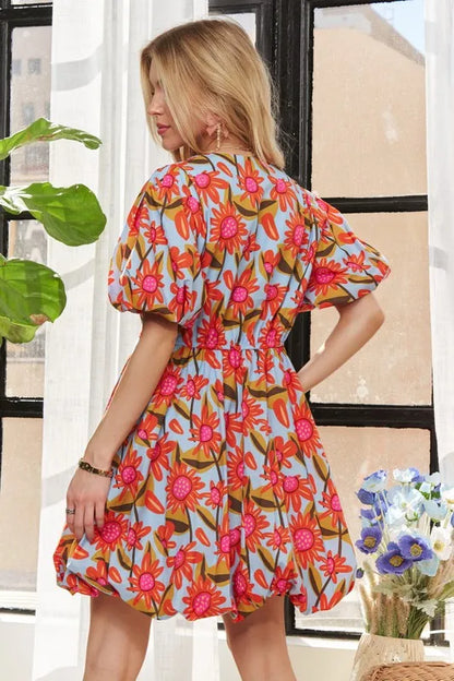 Puff Sleeve Floral Dress - Blue - product view 3