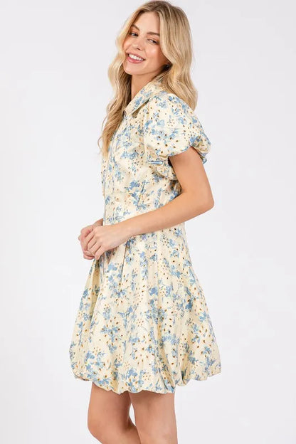 Floral Eyelet Zipper Front Puff Sleeve Mini Dress in Pastel Blue - product view 2
