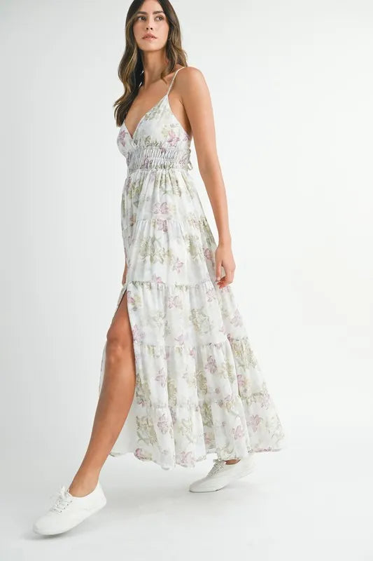 Floral Print Tiered Cami Maxi Dress - Green - product view 4